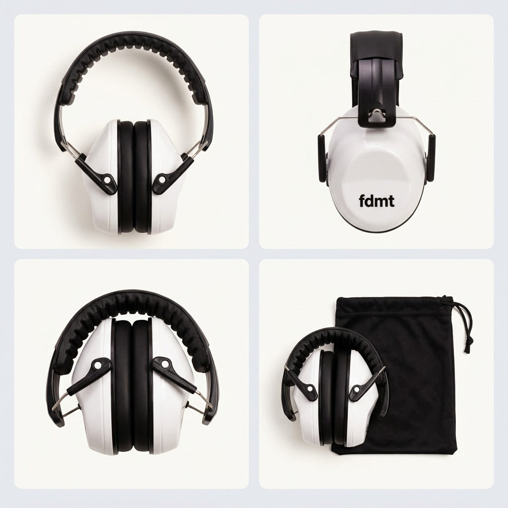 fdmt protective white earmuffs shown unfolded, side view, folded compact, and beside a travel pouch.