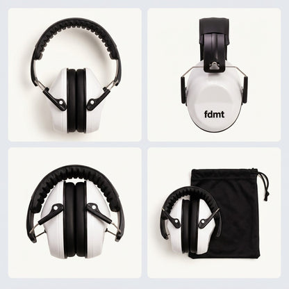fdmt protective white earmuffs shown unfolded, side view, folded compact, and beside a travel pouch.