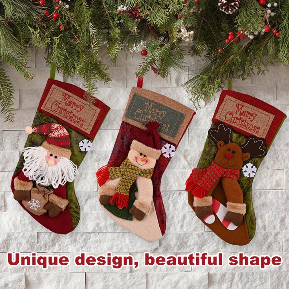 Christmas Stockings with Snowman, Santa, and Elk Designs – Xmas Tree Ornaments, Fireplace Decorations, New Year Candy Bags, and Gift Holders