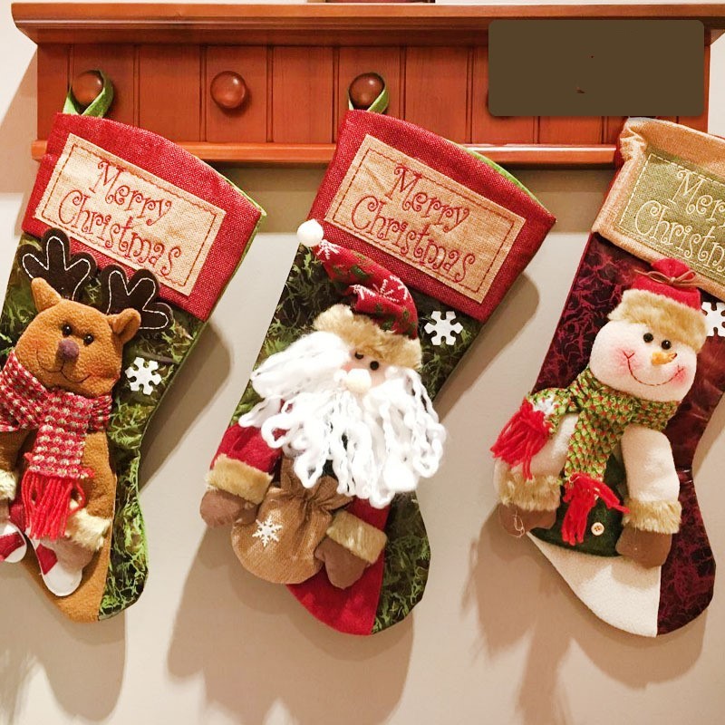 Christmas Stockings with Snowman, Santa, and Elk Designs – Xmas Tree Ornaments, Fireplace Decorations, New Year Candy Bags, and Gift Holders