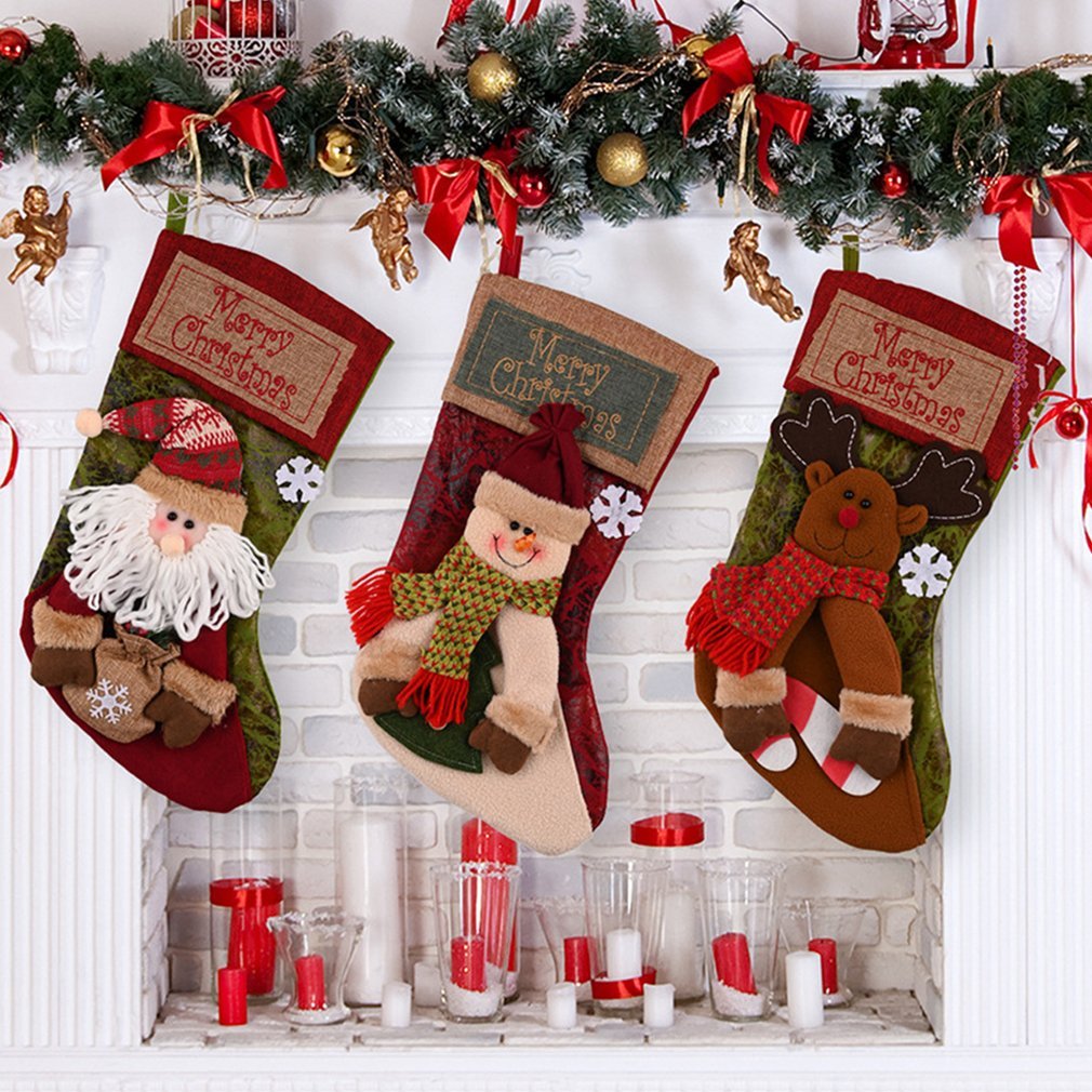 Christmas Stockings with Snowman, Santa, and Elk Designs – Xmas Tree Ornaments, Fireplace Decorations, New Year Candy Bags, and Gift Holders